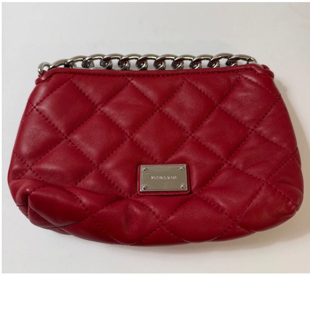 Michael Kors Red Quilted Leather Chain Pouch Clutch Wristlet Silver Hardware